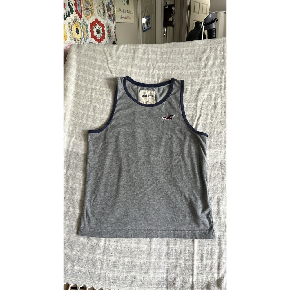 Hollister Mens Large Grey Navy Blue Ringer Tank Top Embroidered Seagull Logo